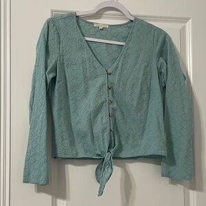 Copper Key Light Teal Eyelet Tie-Front Long-Sleeve Blouse